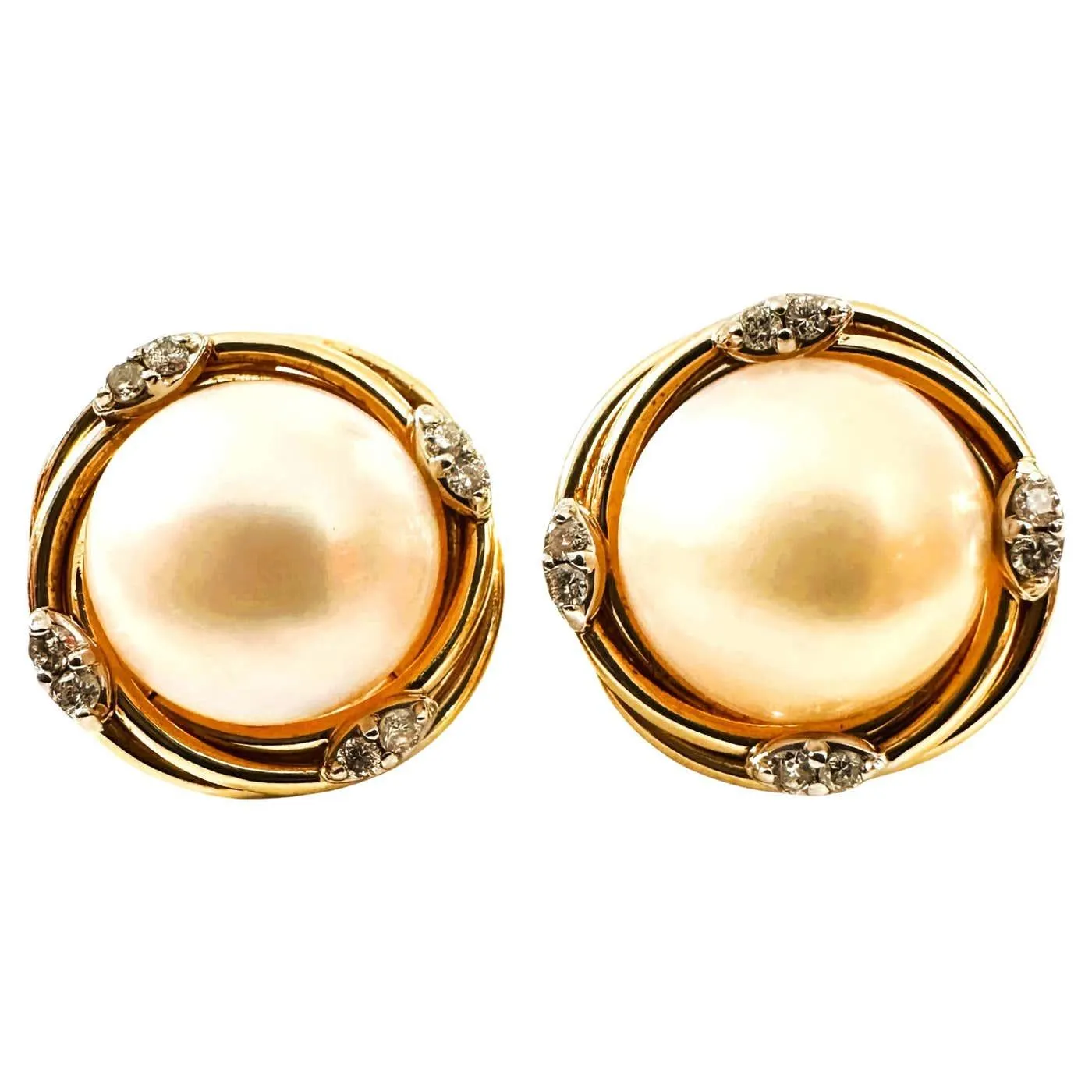 14k Yellow Gold .24 Carat Diamond & Mabe Pearl Earrings w Omega Backs