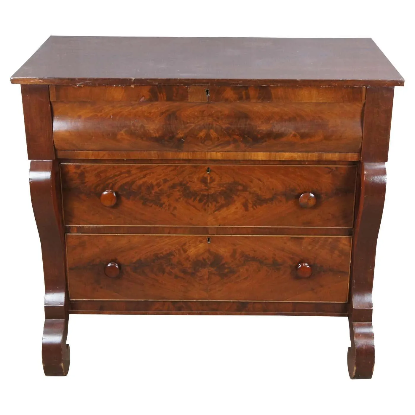 Antique American Empire Flame Mahogany Tallboy Dresser Chest of Drawers 42"