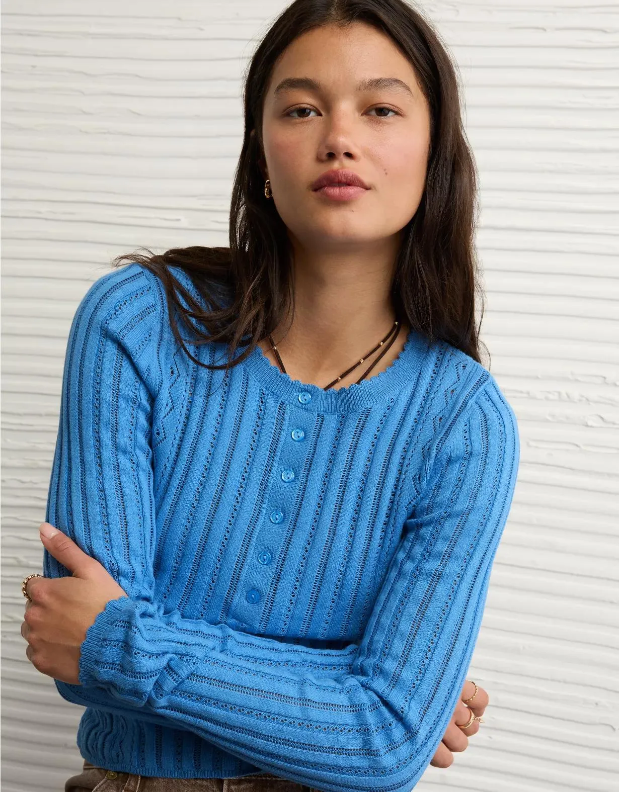 AE Pointelle Henley Sweater Top