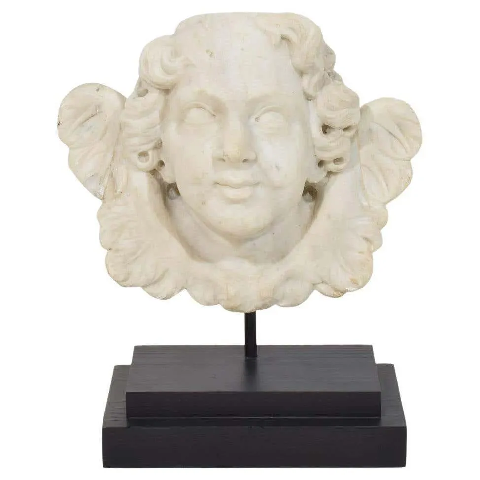 Italian, 17th / 18th Century Carved White Marble Winged Angel Head Ornament