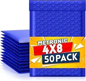 Metronic 4x8 Bubble Mailer 50 Pack Royal Blue, Cushioning Padded Envelopes, Self Seal Adhesive Shipping Bags, Waterproof Padded Envelopes for Small Business, Cards, Bubble Mailers Usable Size 4x7