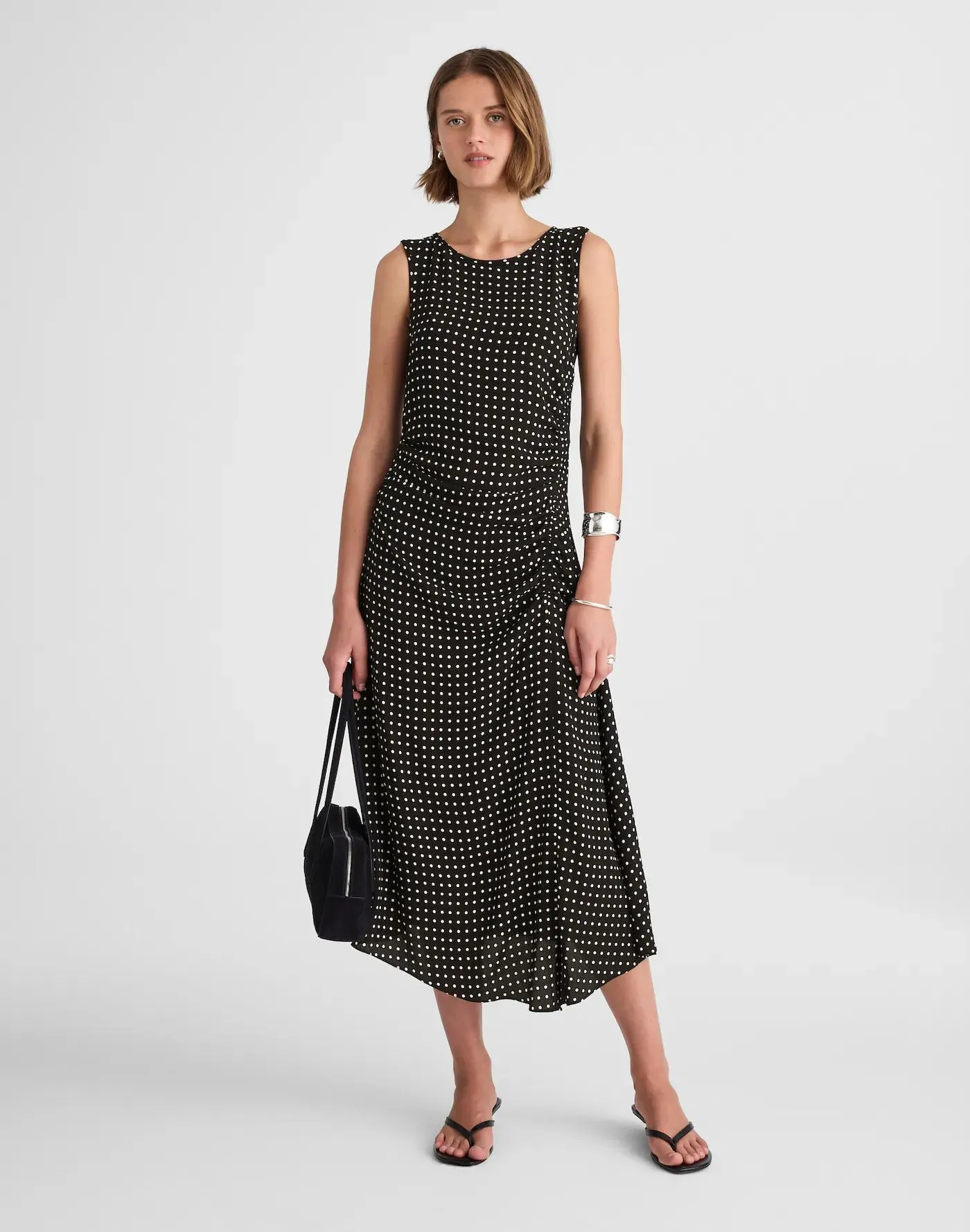 Asymmetrical Ruched Midi Dress in Dot