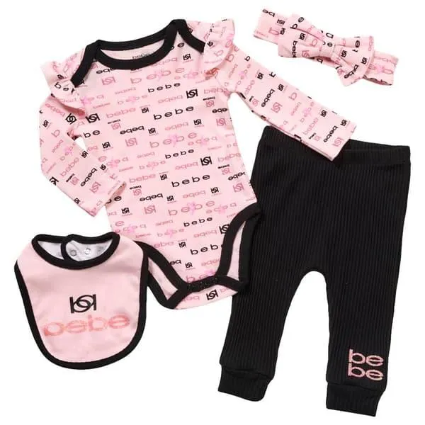 Baby Girl (NB-9M) Bebe 4pc. Bodysuit & Pants Set w/Bib & Headband