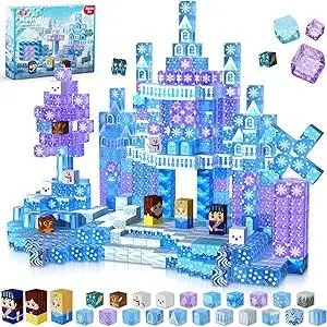 Magnetic Blocks - 100Pcs Transparent Building Block for Kids Ages 4-8, Magnet Blocks Sets for Blue Princess Castle Build, Building Cubes Tiles Princess Toys for Girls Ages 3 4 5 6 7 8-12 Birthday Gift