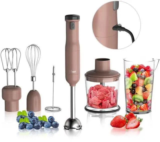Rosewill 6-in-1 Multi-Speed Cordless Rechargeable Immersion Hand Blender, Heavy Duty Motor - Stick Blender, Beaker, Whisk, Chopper, Dual Beater, Milk Frother - For Smoothies, Baby Food, Soup - Mocha