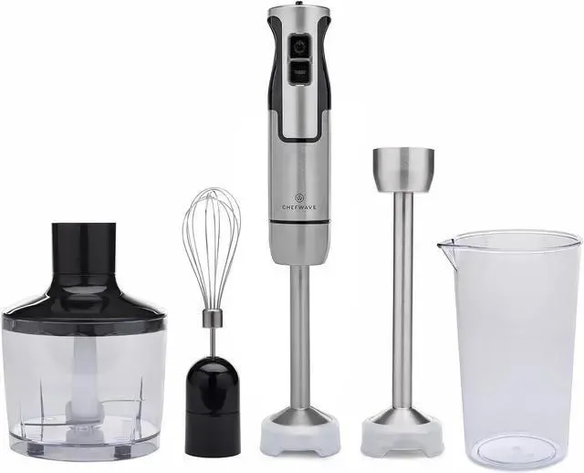ChefWave InterMix 500 Watt 9-Speed Immersion Multi-Purpose Hand Blender Heavy Duty w/ 6.3 in. & 8.5 in. Immersion Depth Wands, Beaker, Whisk and Chopper Attachments