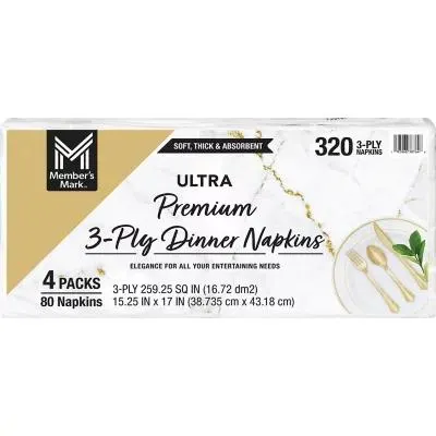 Member's Mark Ultra Premium 3-Ply White Dinner Napkins, 4 pks., 80 napkins/pk.