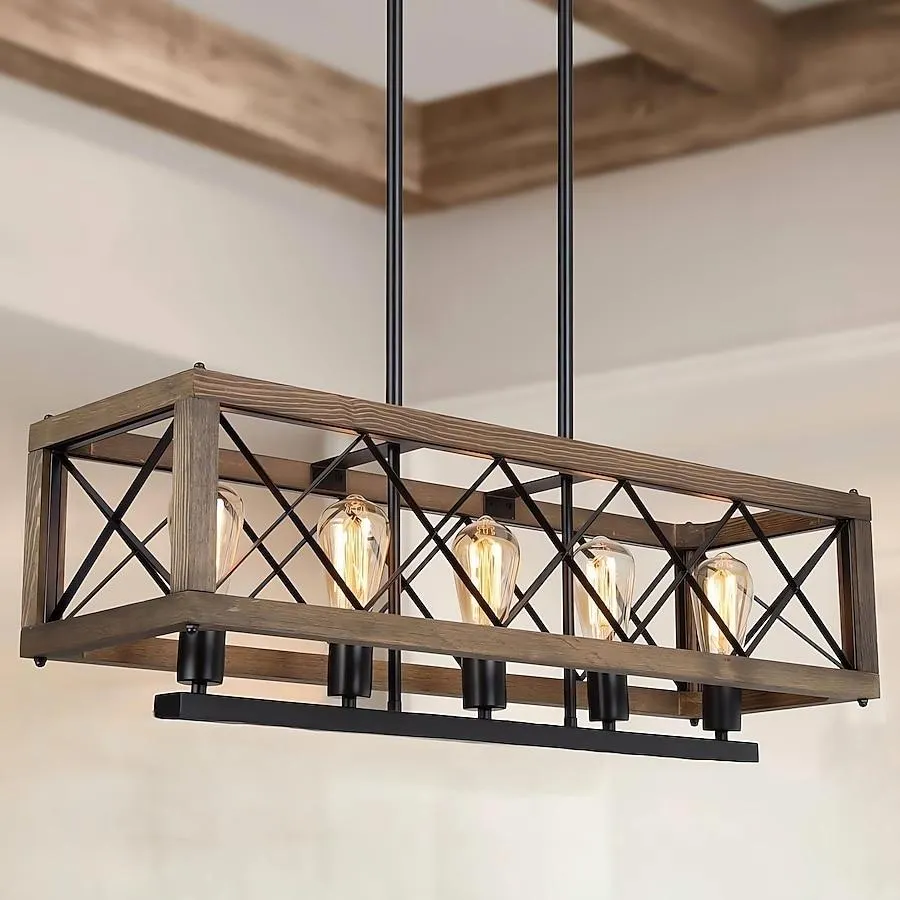 LNC Lucia 5 -Light Matte black and brown wood Farmhouse Linear Large Hanging Kitchen island light