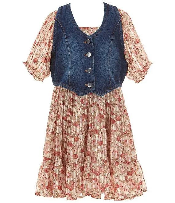 Big Girls Sleeveless Denim Vest & Puffed-Sleeve Floral-Printed Burnout Dress Set
