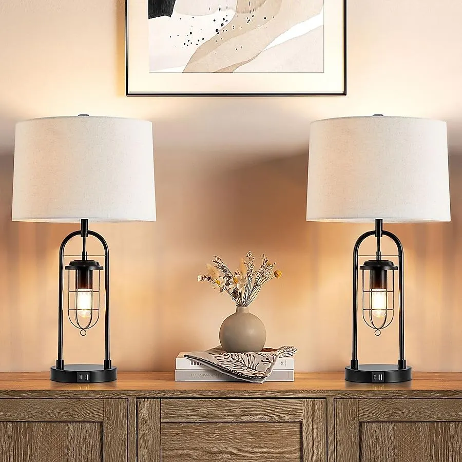 KAWOTI Ahmauri 26-in Dark Bronze LED 3-way Table Lamp with Linen Shade 2 -Set