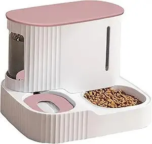 Automatic Cat Feeder,Gravity Auto Timed Pet Dry Food Self Feeding Container Dishes Bowl and Water Dispenser Fountain for Dog Puppy Kitten Kit Set Integrated 2 in 1 Continuous Tray(Pink)