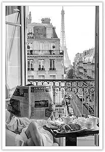Vintage Girl Reading Newspaper Poster Eiffel Tower View Canvas Wall Art Retro Black And White Feminist Room Aesthetic Prints Painting For Home Bedroom Dorm Apartment Wall Decor 12x16in Unframed