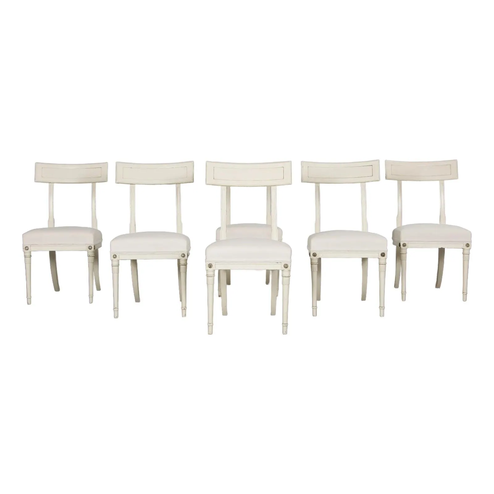 French Neoclassical Painted Dining Chairs in Off-White Velvet - Set of 6 by Maurice Hirsch