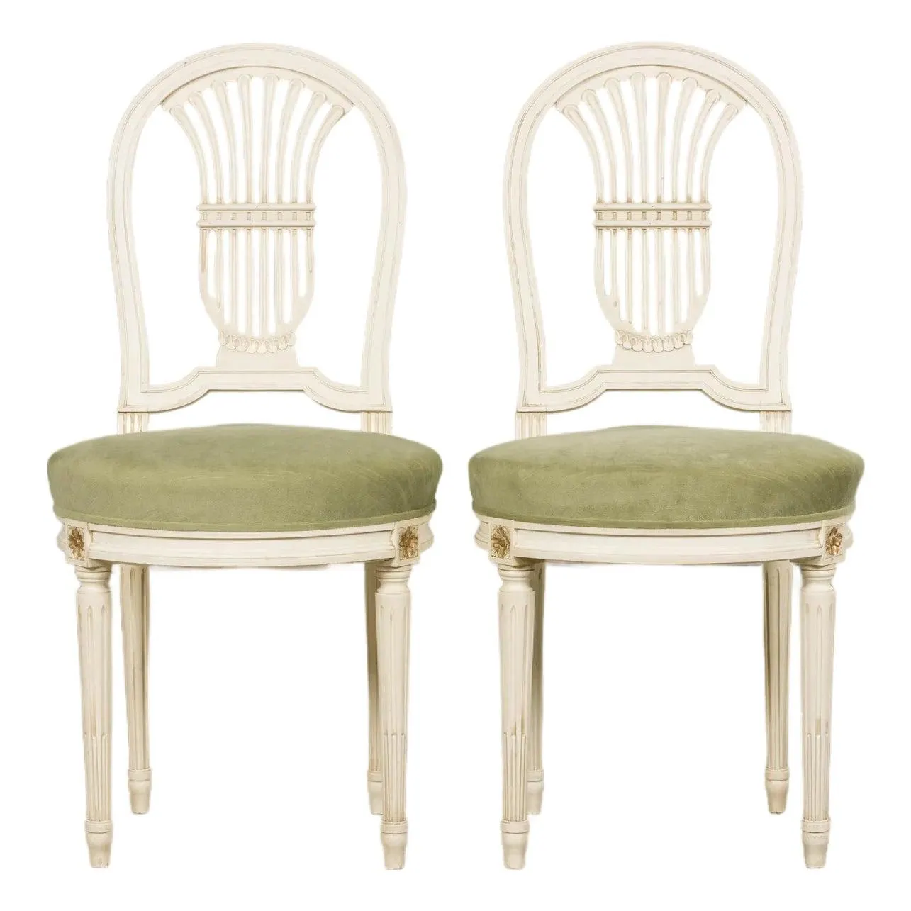 Pair of French Louis XVI Neoclassical Style Painted Lyre Back Accent Chairs in Laurel Green Velvet