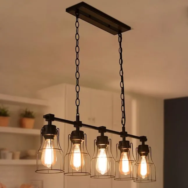 LNC Kennild 5-Light Matte Black and Brown Wood Tone Farmhouse Linear LED Large Hanging Kitchen Island Light