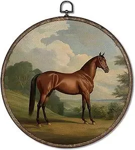 GWFSJYU Vintage Horse Framed Wall Art, Farmhouse Horses Round Canvas Prints Wall Art, Rustic Horses Wall Hanging Decor for Bedroom Bathroom Living Room, Horse Lovers Gifts, 10”x10”inch