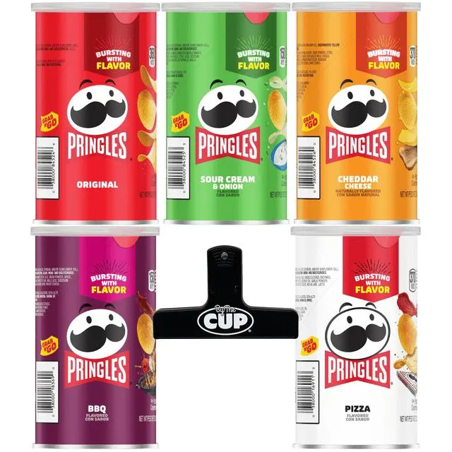 Pringles Grab & Go Potato Crisps Variety, 5 Flavor, 1 of each (Pack of 5) with By The Cup Bag Clip