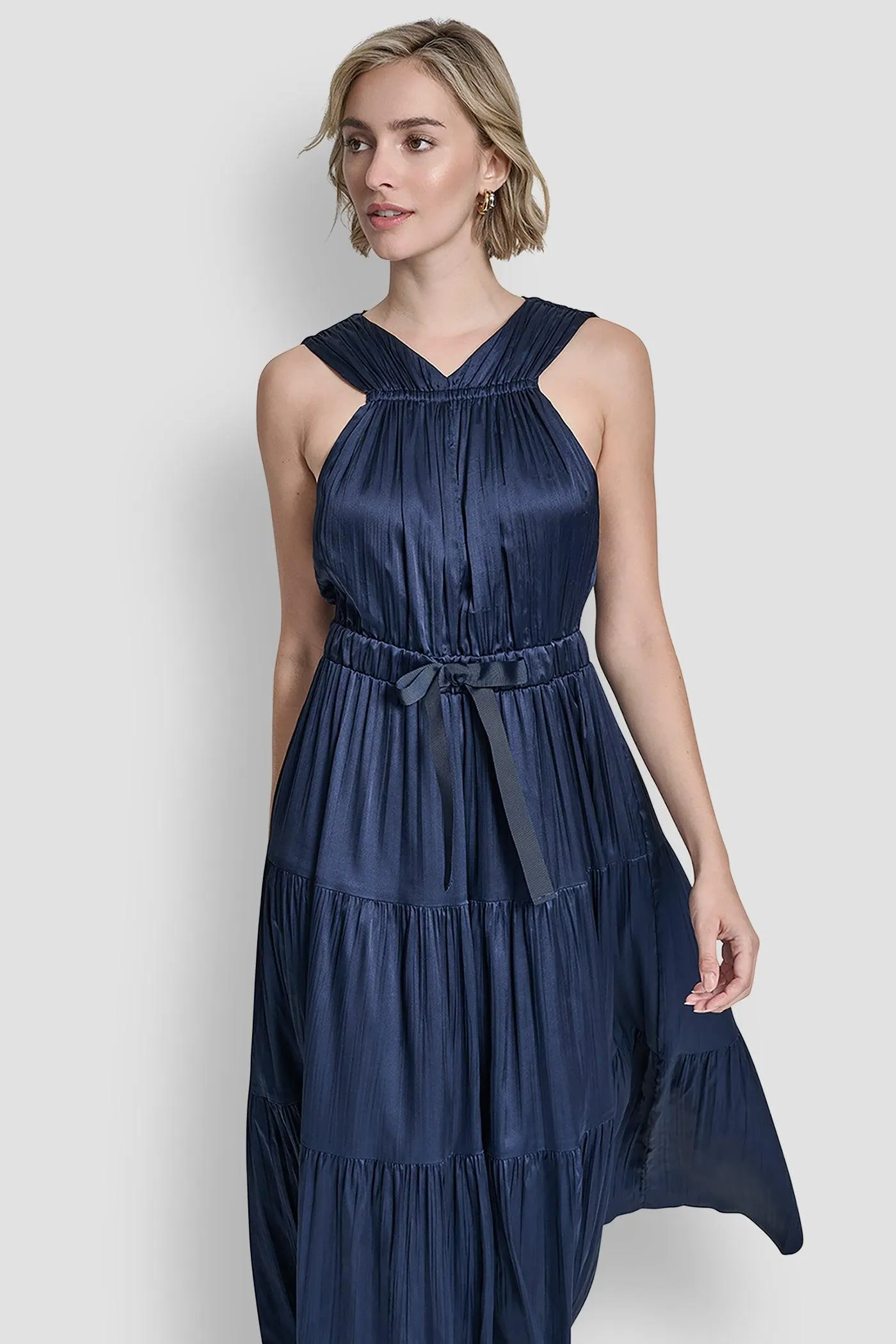 PLEATED SATIN TIE-WAIST MIDI DRESS