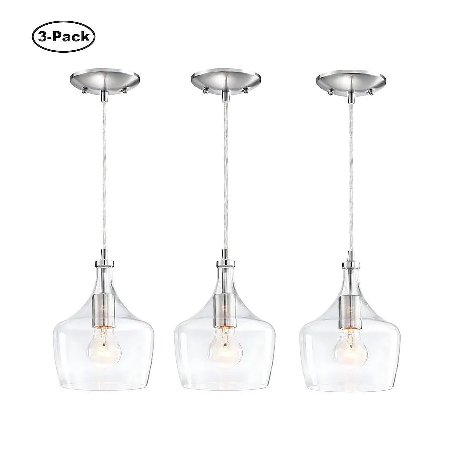 Hukoro 3-Pack 3 -Light Brushed Nickel Modern/contemporary Clear glass Bowl Mini Hanging Kitchen island light