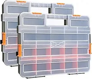 MIXPOWER 15-inch 2pcs Toolbox Organizer Sets, 20 Removable Dividers, Durable Plastic Box, Excellent for Screws, Nuts, Small Parts, 34-Compartment Black/Orange 2 Pieces Set