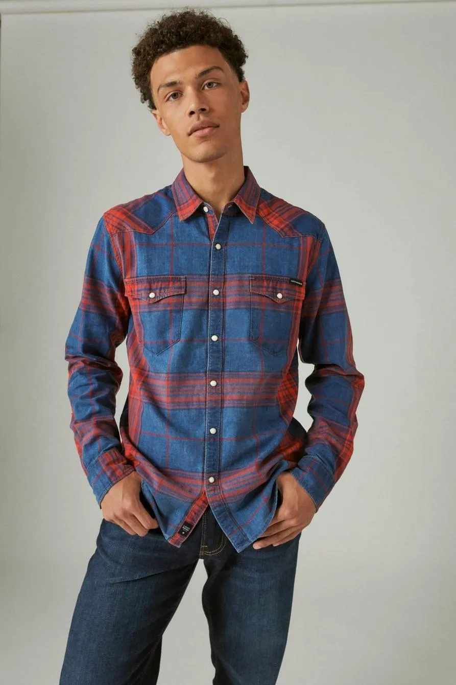 plaid indigo long sleeve western shirt