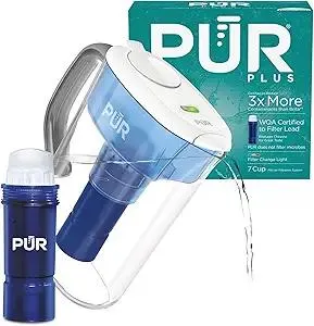 PUR Plus 7-Cup Water Filter Pitcher for Fridge, Cleaner, Great-tasting Water, Dishwasher Safe, Powerful Filtration, Change Light Indicator, LockFit Cap Design, White