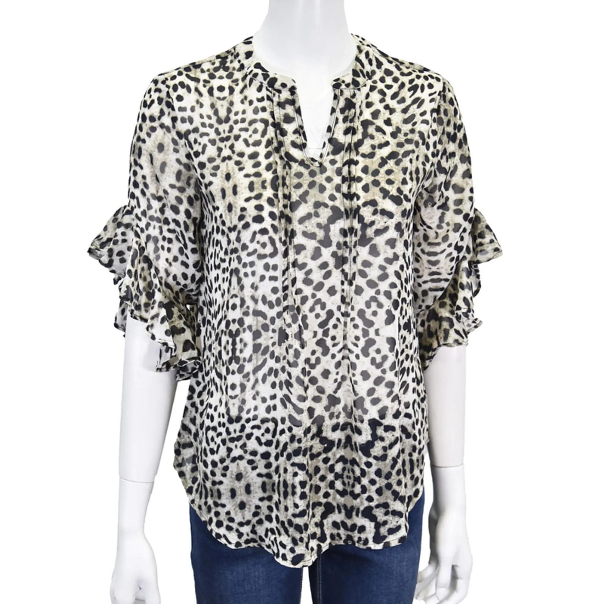 Cowgirl Hardware Women's Black Taupe & Olive Leopard Print 3/4 Bell Sleeve Chiffon Top - Plus Sizes