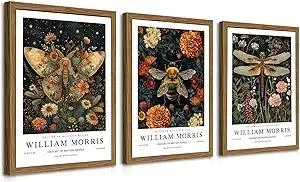 Wood Frame William Morris Wall Art Set of 3, Vintage Animal Bee Butterfly Dragonfly Posters Prints, Botanical Nature Flower Canvas Wall Decor Paintings for Living Room Bedroom Bathroom 12x16In Framed