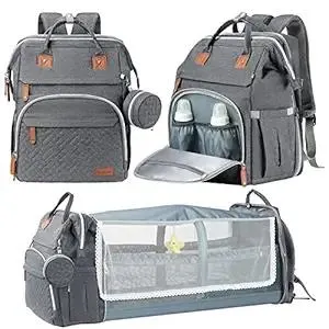 DERJUNSTAR Baby Diaper Bag Backpack with ChangingStation-Large Capacity Baby Bag for Boys & Girls, USBCharging Port, Pacifier Case, sunshade & Toy Bar,Waterproof, Pale Grey