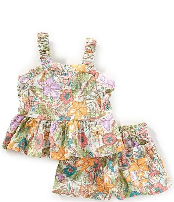 Little Girls Floral Printed Top & Matching Shorts Set