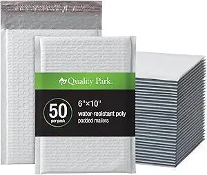 Quality Park Bubble Mailers, 6 x 9 Inch, White Poly Mailers, Padded Envelopes, Shipping Envelopes, Water Resistant, Self Seal, 50 Per Box (QUA85856), Plastic
