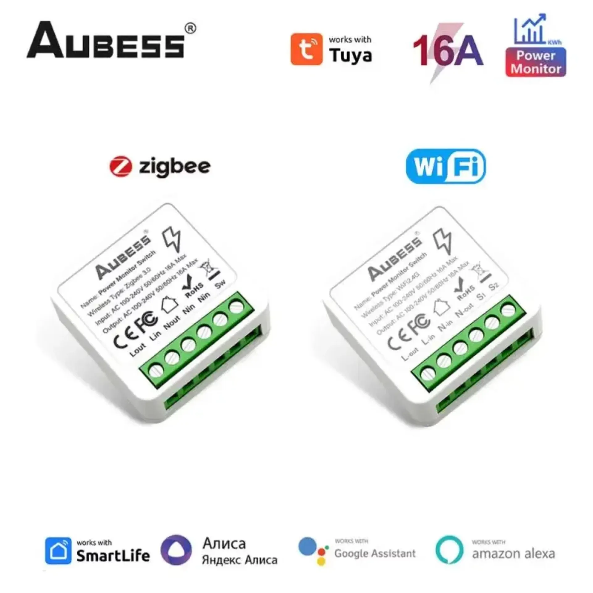 Interruptor inteligente WiFi Tuya ZigBee de 1 a 10 piezas con monitor de potencia de 16 A, relé de control por voz para automatización del hogar inteligente, compatible con Alexa, Google y Google Play.