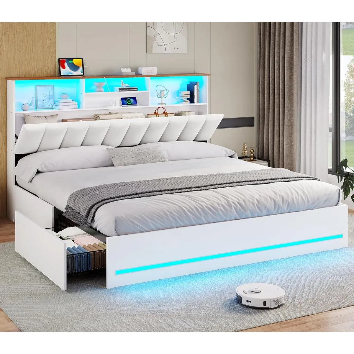 King Size Upholstered Bed Frames With Stylish Bookcase Headboard