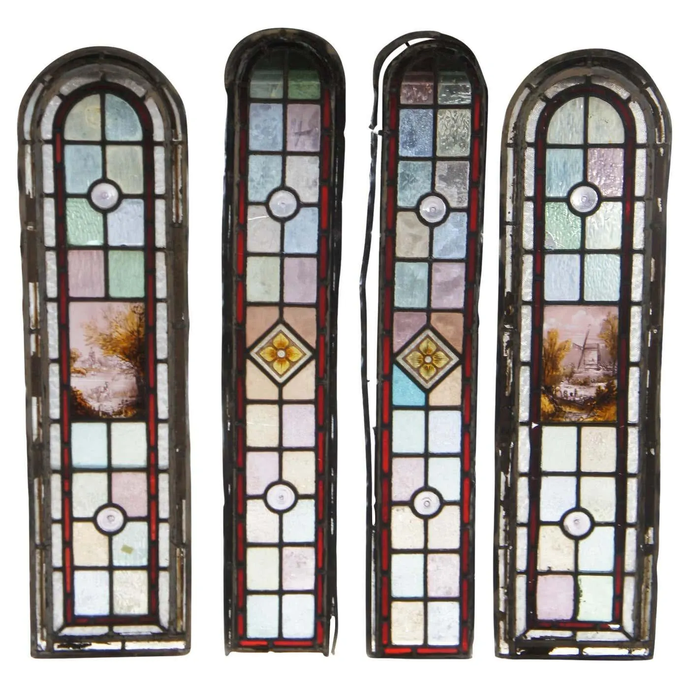 4 Antique English Edwardian Era Hand Painted Arched Leaded Stained Glass Windows