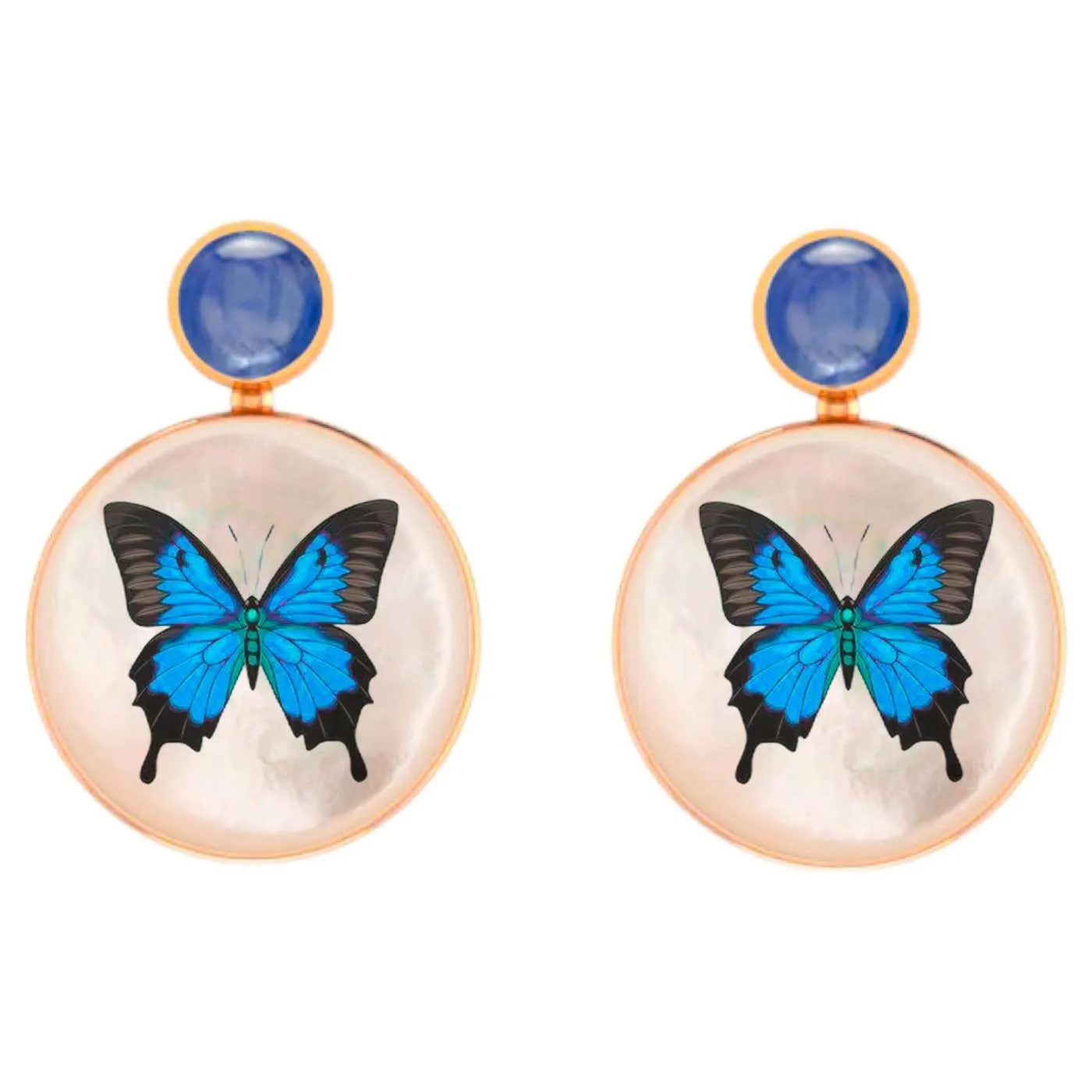 Mother Of Pearl Shell Stud Earrings, sapphire and butterfly painting.