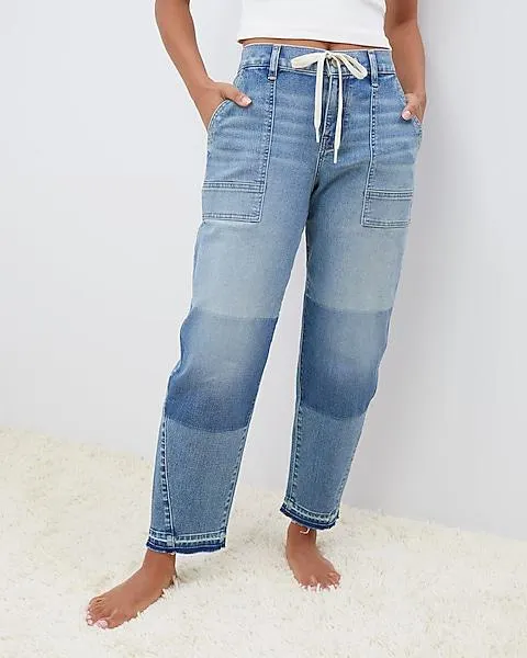 UpWest High Waisted Utility Pull On Barrel Leg Jeans