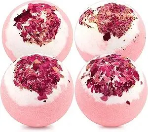 Dried Flower Bath Bombs Salt Balls,4-Pack Gift Set,Rose Extract Essential Oils,Moisturizing Dry Skin,Fizzy Spa,Relaxation,Self Care,Relaxing,Bubble Bath Bomb Gifts Idea for Men Women