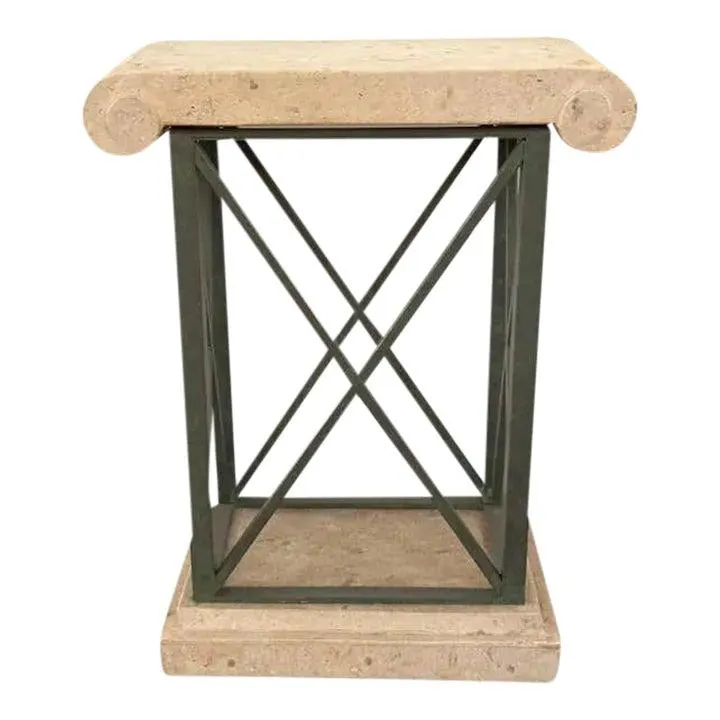 Small Travertin Top Pedestal or Mini-Console With X-Shape Base