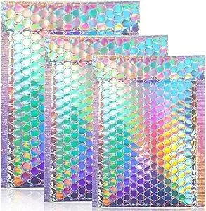 Outus 50 Pieces Bubble Mailers 3 Sizes Self Seal Adhesive Poly Mailers Foil Glitter Padded Shipping Bubble Envelopes for Mailing Packing Small Business (Rainbow Color)
