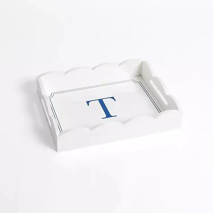 White Monogram T Scalloped Tray