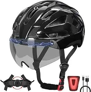 Bike Helmet Adult for Men, Lightweight Ebike Helmet with LED Light & Magnetic Goggles, USB Charging Cable Included, Cycling Helmet for Adult with Adjustable Dial Fit 22.8"- 24.4 "