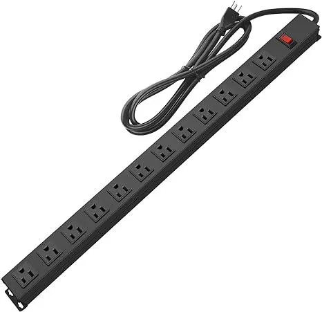 Metal Wall Mount Power Strip, Mountable Power Outlet with 12 AC Outlets, Aluminum Alloy Mount Power Socket with Switch, 6 FT SJT 3/C 14AWG Power Cord, 15A 125V 1875W (12AC) Black