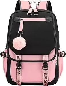 JiaYou Teenage Girls' Backpack Middle School Students Bookbag Outdoor Daypack with USB Charge Port (21 Liters, Black Pink)