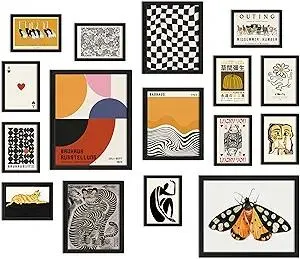 ANERZA 16 PCS Framed Eclectic Wall Art Decor, Modern Maximalist Wall Prints for Bedroom, Vintage Gallery Wall Frame Set, Bauhaus Funky Posters for Home Decor, Retro Abstract Dorm Collage Kit
