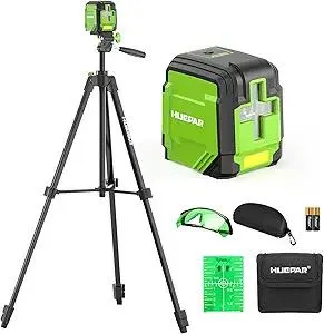 Laser Level with 60in Tripod, HUEPAR 98Ft Self Leveling Laser Level Green Line Laser Cross Line Laser Leveler Tool for Picture Hanging, Tile, Home Renovation, Indoor Project, Battery&Goggles Included