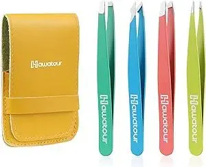 Tweezers Set, 4Pcs Eyebrows Tweezers for Women, Great Precision for Ingrown Hair, Splinter, Facial Hair Removal, Multicolored