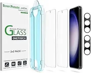 amFilm Auto-Alignment OneTouch for Samsung Galaxy S23 6.1" Screen Protector + Camera Lens Protector, Tempered Glass, 30 Seconds Installation, Bubble Free, Case Friendly, Anti-Scratch [2+2 Pack]
