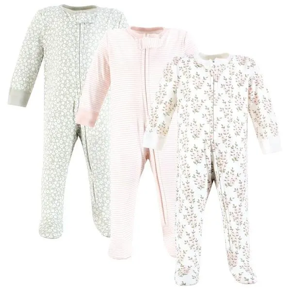 Hudson Baby Infant Girl Cotton Sleep and Play, Pink Sage Florals