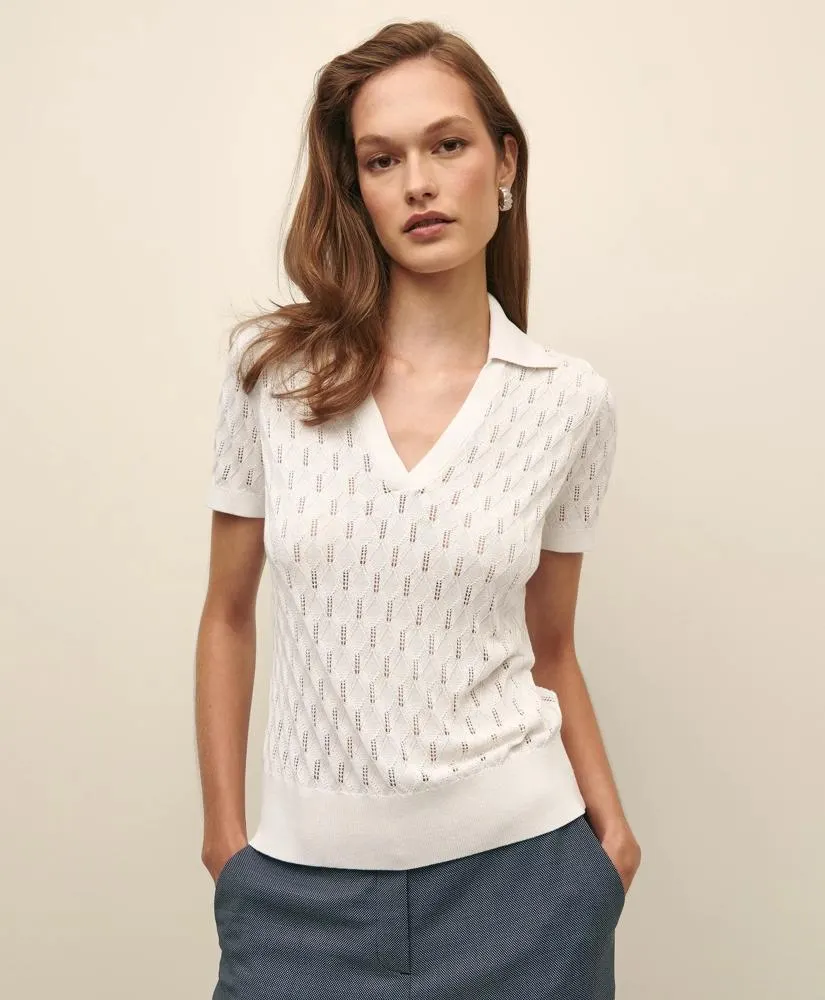 Silk Pointelle Johnny Collar Short-Sleeve Polo Sweater