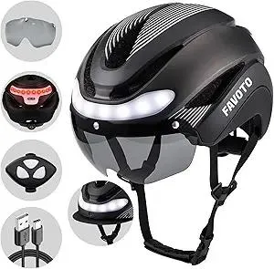 Favoto Bike Helmet with Turn Signals - CPSC Certificated Dual Shell Helmet with Removable Visor & Goggles USB Rechargeable